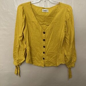 urban‎ outfitters Medium Mustard Color Button Front Blouse Puffy Sleeves Linen